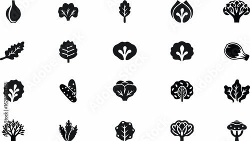 Illustration showing a variety of black silhouette vegetables and plants on a white background