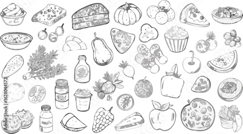 A monochrome sketch of various food items including fruits vegetables and prepared dishes in a pattern