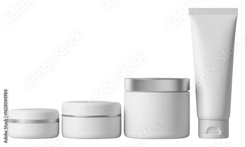 Set of white cosmetic jars and tube mockup isolated on a transparent background