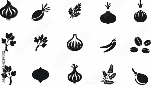 Collection of black silhouette icons featuring various vegetables herbs and spices on white background