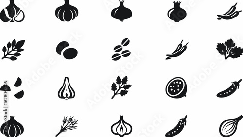 Collection of black and white vector icons featuring various vegetables herbs and spices in a pattern