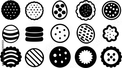 Collection of various cookie designs with different patterns and shapes in black and white style