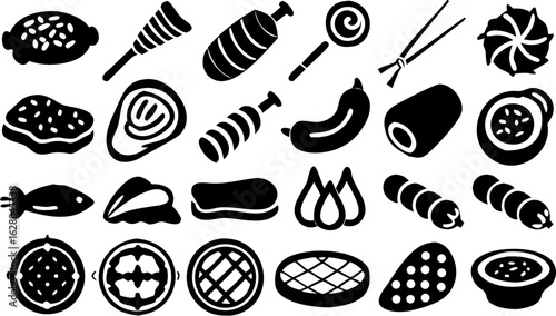 Collection of various food items including sweets seafood and prepared dishes in black and white style