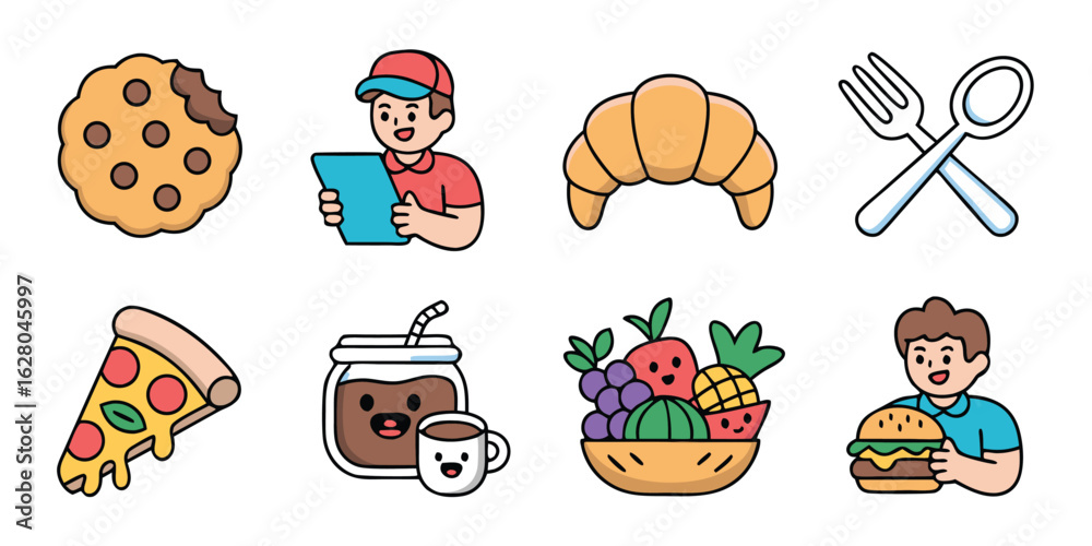 Fototapeta premium Cartoon Food Delivery Icons Cookie, Croissant, Pizza, Drink, Fruit Bowl, Burger, and Courier