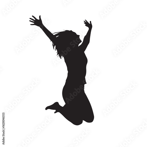 Joyful woman leaping high in the air with arms raised in a dynamic silhouette