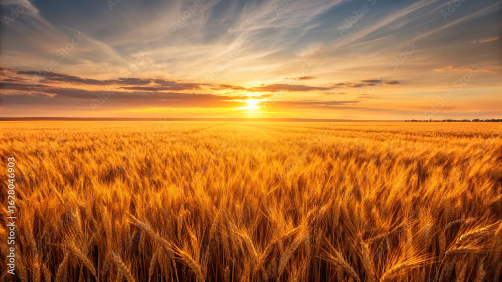 Obraz premium Golden wheat field at sunset with a dramatic sky and sun rays agriculture scenery