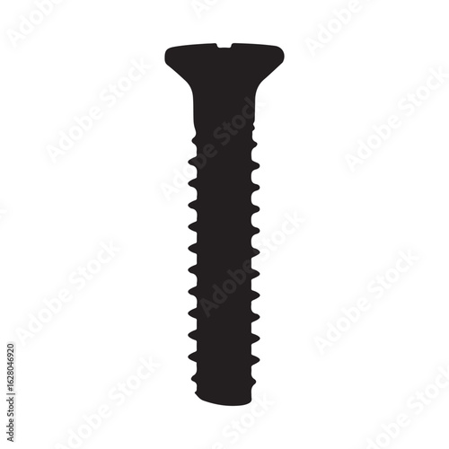 A detailed black silhouette of a single threaded screw against a white background