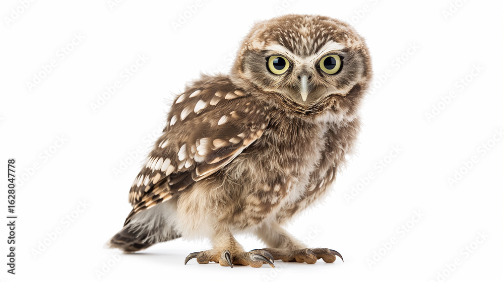 Fototapeta premium Little Owl, 50 days old, Athene noctua, standing in front of a white background