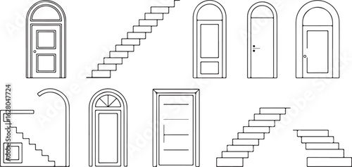 Floor Plan Design Icons – Minimal CAD Outline Set of Doors and Stairs for Blueprints