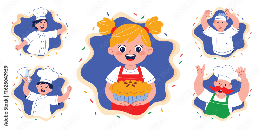 Fototapeta premium Cartoon Illustration Little Girl Holding Pie Surrounded by Happy Chefs in Uniforms and Hats