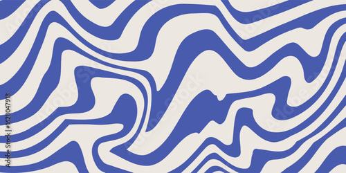 Blue wavy lines abstract background. Trendy psychedelic retro style backdrop. Waves, swirl and twirl pattern. Eps 10