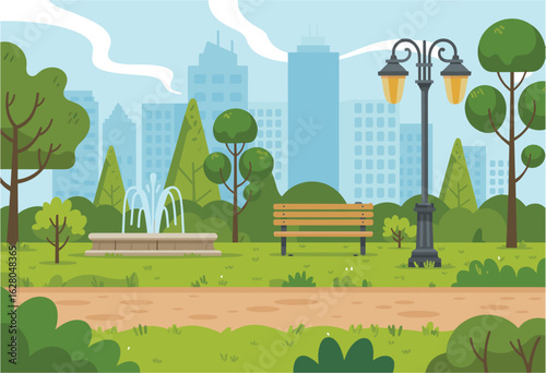 City park with fountain bench and lamppost against cityscape urban nature