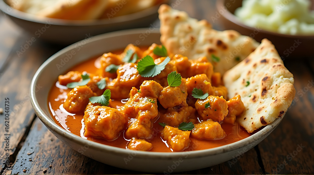 Delicious Homemade Chicken Tikka Masala with Naan Bread on Rustic Wooden Table Delicious Homemade Chicken Tikka Masala with Naan Bread on Rustic Wooden Table