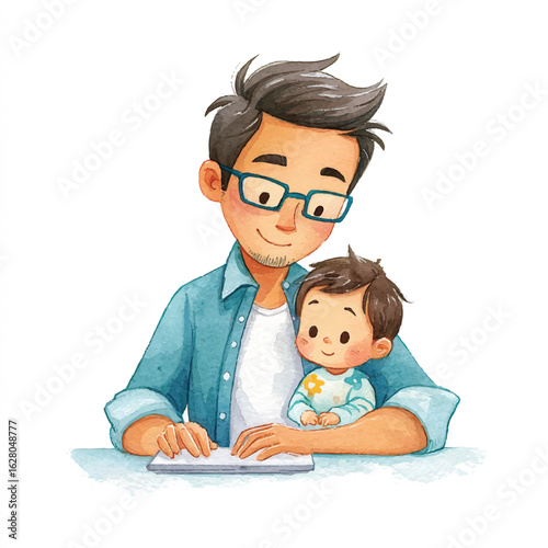 Father Gently Working While Holding His Toddler Son