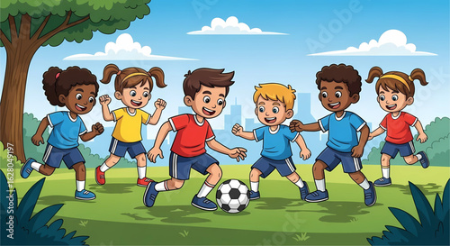 Cartoon illustration depicting children playing soccer in a park with trees and a city skyline in the distance highlighting joyful outdoor activity and youthful exuberance