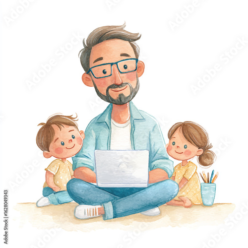 Father Working from Home with Two Young Children
