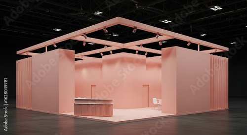 Wallpaper Mural Salmon-Colored Exhibition Stand with Reception Desk and White Chairs in Modern Design Torontodigital.ca
