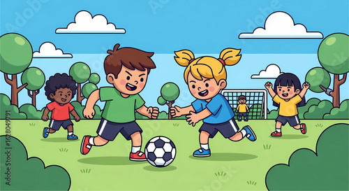 Animated portrayal of playful youngsters actively engaged in a cheerful soccer match within a lush green park environment against a backdrop of puffy white clouds and vibrant blue skies