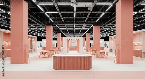 Wallpaper Mural Salmon-Hued Exhibition Space with Geometric Ceiling and Minimalist Furniture Torontodigital.ca