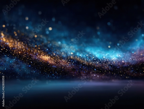 Mesmerizing deep night sky gradient with blend of blue, gold, and black hues, filled with sparkling stars and cosmic dust