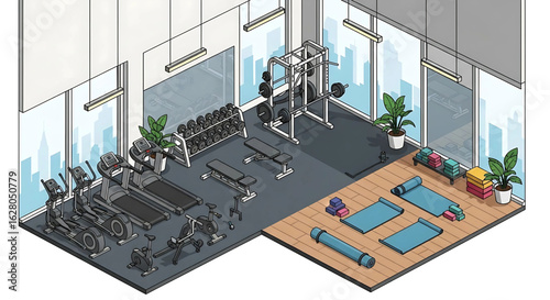Isometric illustration showcasing a modern and well-equipped gym space with various fitness equipment and an ambiance designed for physical activity and wellness promoting health and fitness