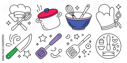 Colorful Kitchen Tools and Accessories Chef Hat, Pot, Bowl, Mitten, Knife, and Various Utensils Illustration
