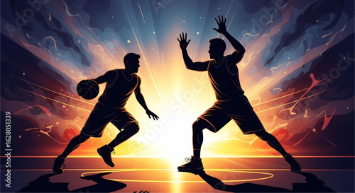 Intense Basketball Showdown Silhouette with Dynamic Energy of Players against a Striking Background, showcasing Skill and Athleticism during a Basketball Match