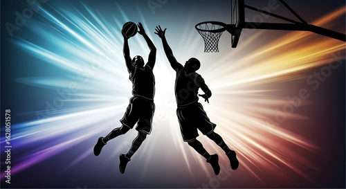 Dynamic Silhouette of Basketball Players in Mid-Air with Vibrant Energy Streaks Showcasing the Intensity and Excitement of a Fast-Paced Game Emphasizing Athleticism and Competition
