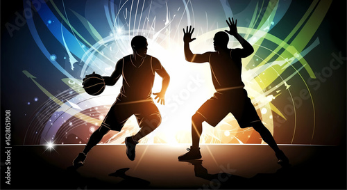 Dynamic Basketball Showdown: Silhouette Athletes in Motion Against a Vibrant Abstract Backdrop Showcasing Intense Competition and Athletic Prowess in a Visually Striking Composition