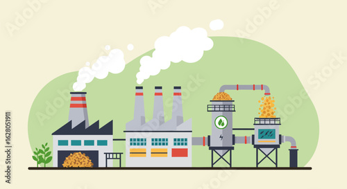 Flat illustration of biomass fuel in a factory with clean emissions