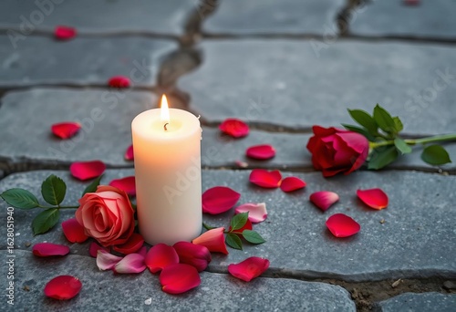 White candle, rose & petals on grey stone background Peaceful memorial scene, petals, copy space