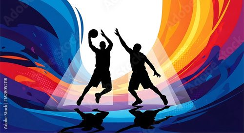 Dynamic basketball showdown silhouetted against a vibrant spectrum of abstract hues symbolizing energy and competition on the court bringing intense action to life