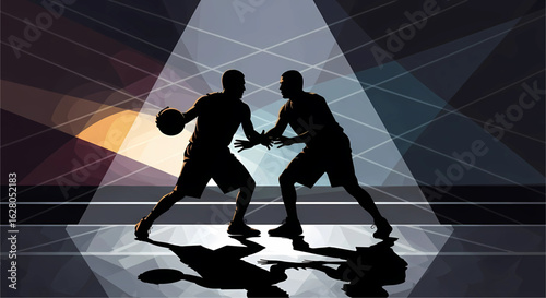Dynamic silhouette illustration captures the intense rivalry of two basketball players facing off under bright court lights emphasizing the energy of competitive play
