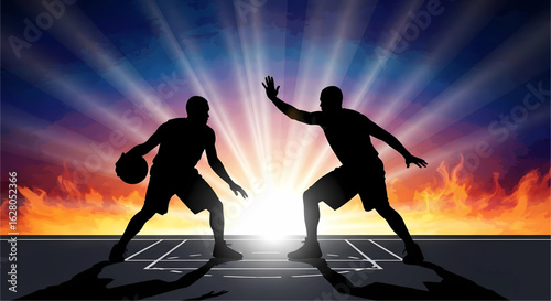 Dramatic basketball showdown silhouetted against a vibrant sunset showcasing skill passion and competitive spirit illuminated by bright rays of light creating an epic battle