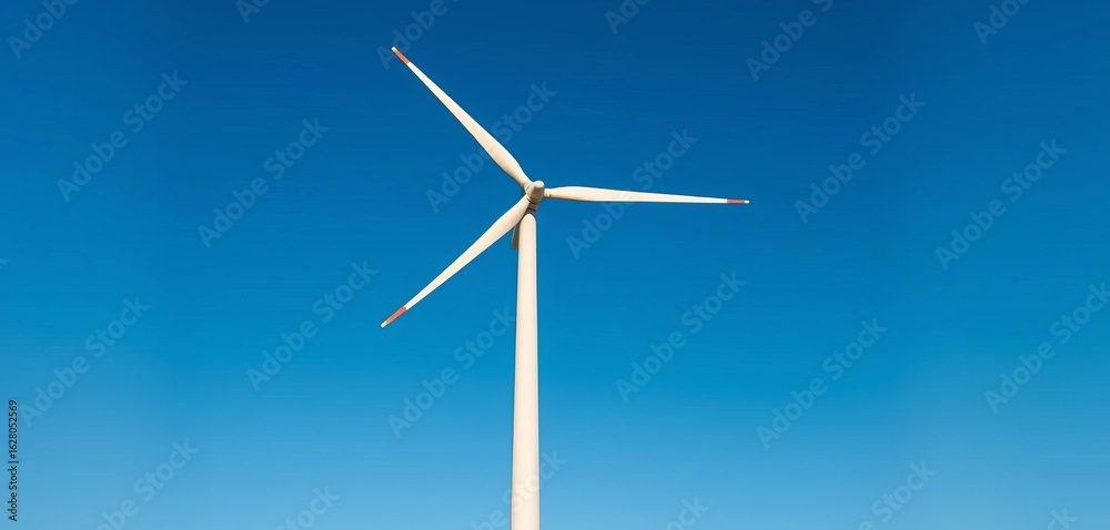 Fototapeta premium Wind turbine generating clean energy against a blue sky, nature, blades