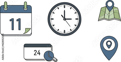 Isolated a kinds of deferent clock, time, hour, minute, watch, wall, face, second vector art with white background.