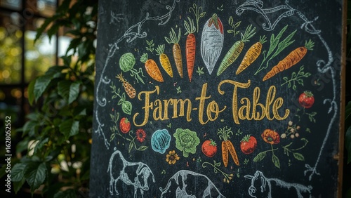 A chalkboard sign displaying farm to table text with vegetable illustrations and cow drawings outside