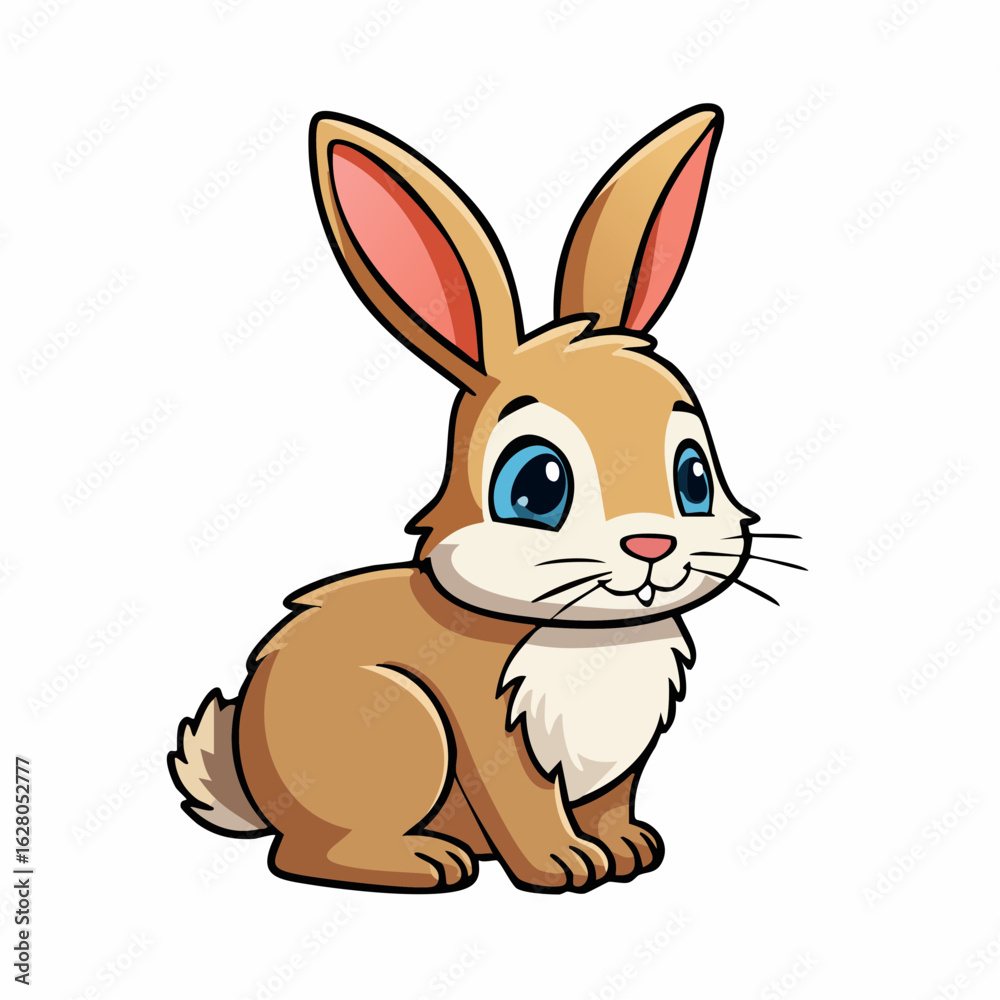 Fototapeta premium Adorable cartoon bunny with big blue eyes and long ears sitting cutely on white background