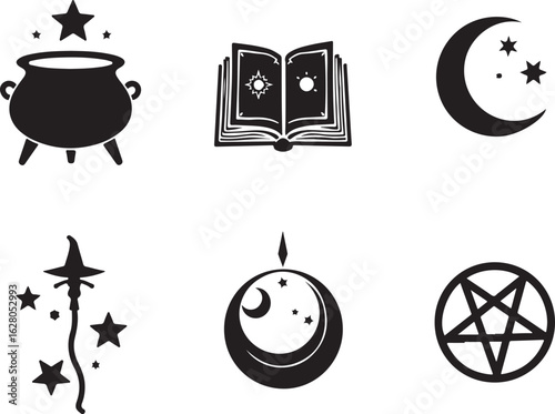 Mystical symbols collection: cauldron, book, moon, wand, stars