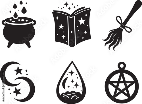 Mystical magic symbols cauldron broom stars moon pentagram