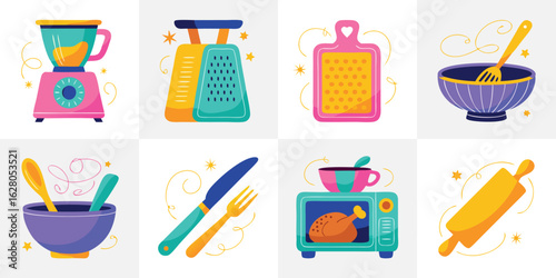 Kitchen Utensils Cartoon Style Illustration Blender, Grater, Cutting Board, Bowls, Cutlery, Microwave, Rolling Pin