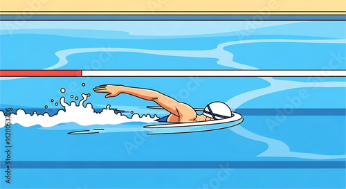 A swimmer is depicted doing the freestyle stroke in a pool, showcasing an active and healthy lifestyle with focus on the motion and energy within the aquatic environment