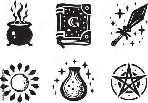 Mystical magic icons spellbook cauldron potion stars pentagram