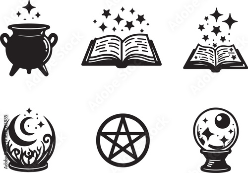 Mystical magic symbols cauldron book crystal ball pentagram