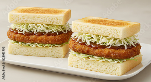 Two Japanese Pork Katsu Sandwiches on White Plate, Showcasing Crispy Fried Cutlet