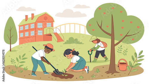Illustration of children planting a tree in a schoolyard with a building and playground equipment nearby
