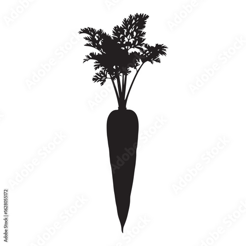 A detailed black silhouette of a freshly harvested carrot with green foliage