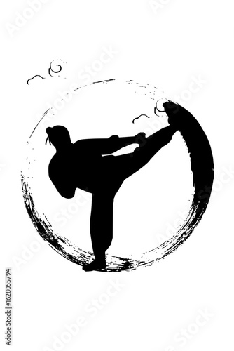 Silhouette of a person performing a high kick inside a circle