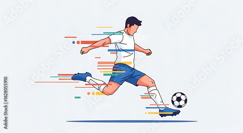 Dynamic soccer player illustration showcasing speed and motion through vibrant streaks, ideal for sports graphics or promotional material emphasizing athleticism and action