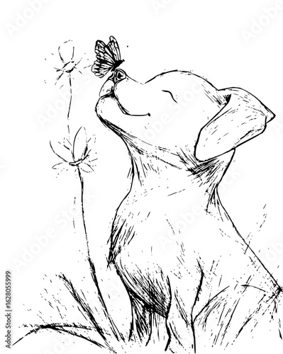 Sketch of dog with butterfly on nose
